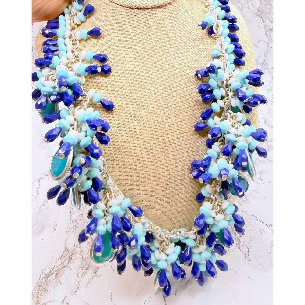Talbots Blue Green Glass Bead Statement Necklace Silver Tone 18–21"